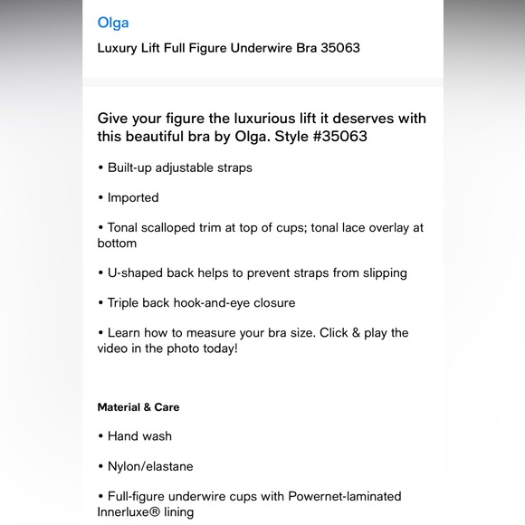 Olga NWT White Luxury Lift Full Figure Underwire Bra 35063 38C - Picture 6 of 6